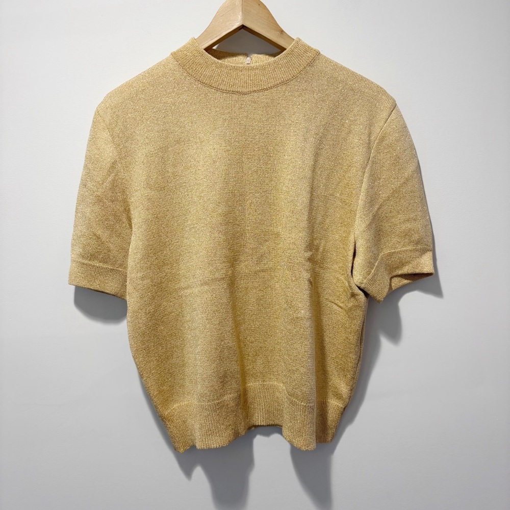 St. John Gold Metallic Santana Knit Mockneck Short Sleeve Sweater Size Large